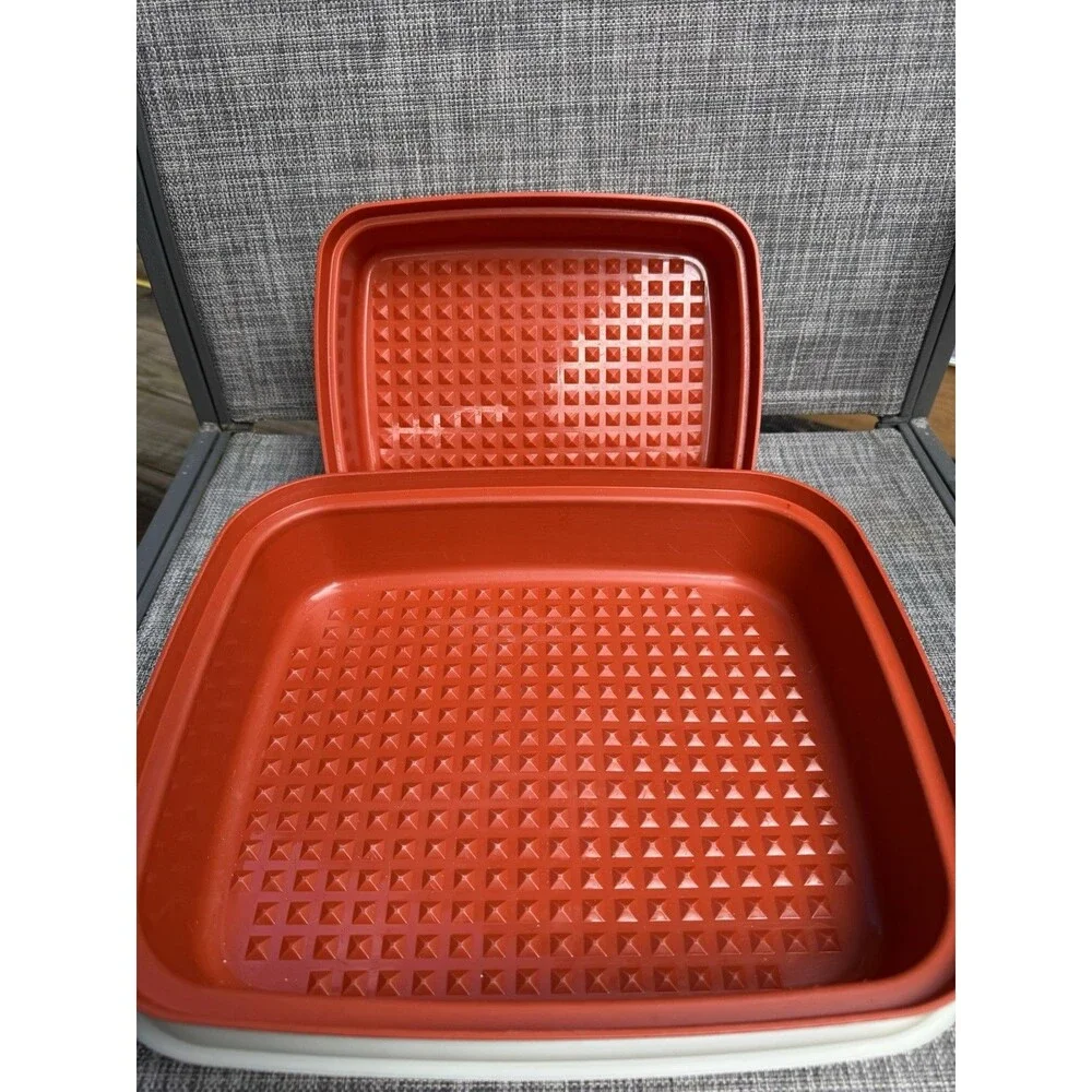 Tupperware Vintage Meat Keeper Marinade Container Set of 2 PAPRIKA RED W/ Lids